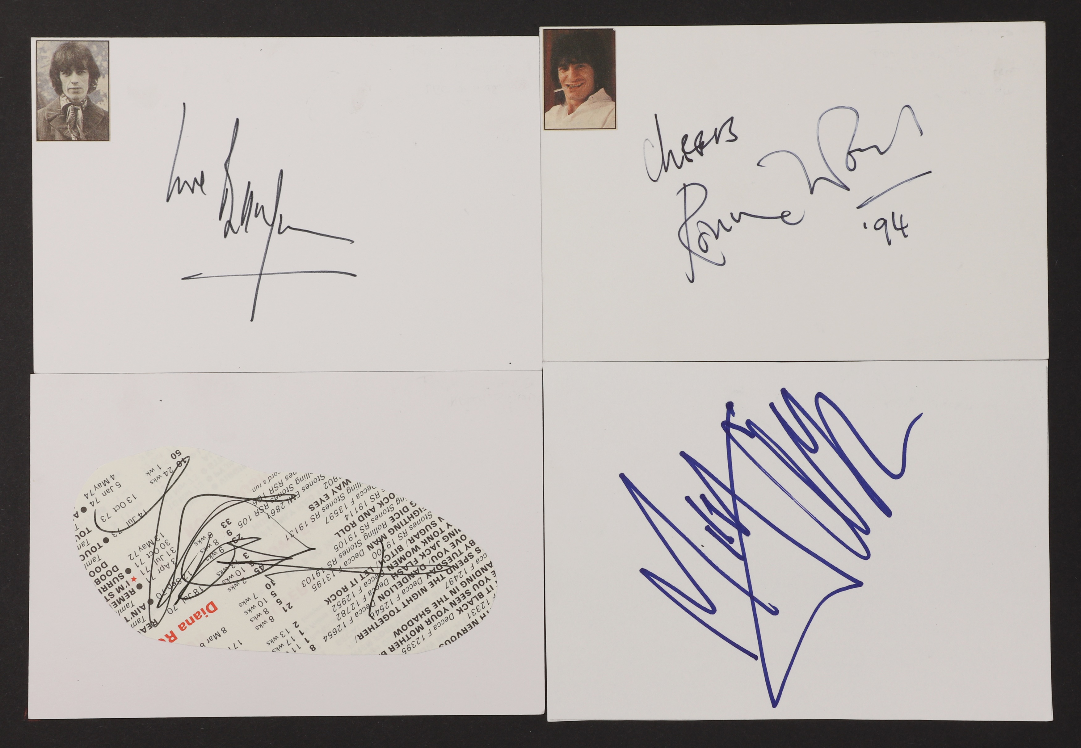 Rolling Stones original line-up: four autographs on white card, 10.5 x 15cm, comprising Mick Jagger, Keith Richards, Ronnie Wood, Bill Wyman and Mick Taylor (£250-350)